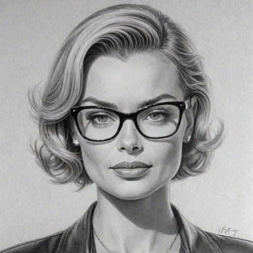 Charming Jaime Pressly, pencil sketch, portrait of Superb woman 1950s in glasses, hair style beatnik, outline, clear lines, fine lines, 8k