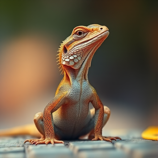Generate a highly detailed image of a lizard sitting upright, with a sharp focus on the textures of its skin and scales, using a DSLR camera, 50mm lens, f/2.8 aperture, ISO 100, 1/200 sec shutter speed, macro view, soft natural lighting for enhanced quality.