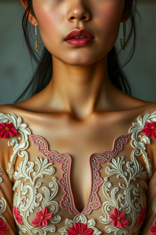 Face, shoulders, chest covered in openwork Vietnamese embroidery. Raw, unedited image.