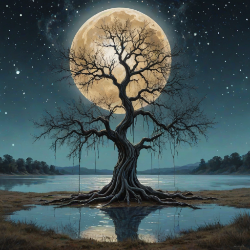 painting of a tree with a full moon in the background and water dripping from its branches, fantasy art, alcohol ink, 3D, 4K, HDRi