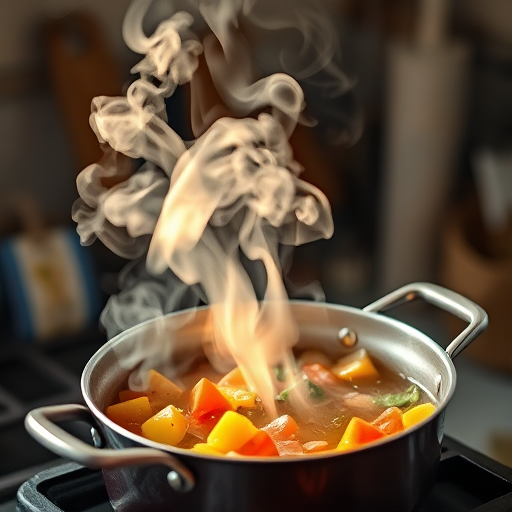 capture a steaming pot on a stove with focus on the swirling smoke and vibrant ingredients in the dish, shot with a Canon EOS R5 at f/2.8, ISO 200, shutter speed 1/60s, in a close-up macro view to accentuate details and texture, using natural lighting for a warm ambiance