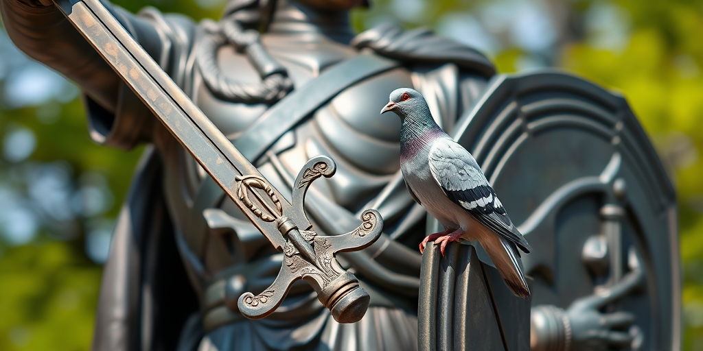 Capture a close-up of a bronze statue of a warrior holding a sword and shield with a pigeon perched on the sword, using a DSLR camera with a 50mm lens at f/1.8, ISO 100, and a shutter speed of 1/200 sec in natural daylight to enhance clarity and background details.