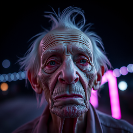 create a close-up perspective view fine art photography contemporary style of an elderly worn albino’s face with a soft, candid expression on a blurred sky black light background.Showcasing a modern style characterized by vibrant blacklight tones, using dramatic lighting and soft gradients to create a fine art atmosphere. The focus is on the light and facial features. motion light blur, neon backlit