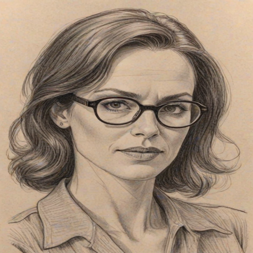 Splendid Annabeth Gish, pencil sketch, portrait of Fetching woman 1943s in glasses, hair style beatnik, outline, clear lines, fine lines, 8k