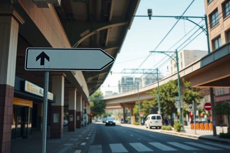 regenerate the image of a street view with an elevated transport system above, include a clear street sign pointing left, use a DSLR camera with a 24mm lens, aperture f/8, ISO 100, and a focal length of 24mm, high dynamic range, wide-angle shot, in natural lighting for enhanced image quality.