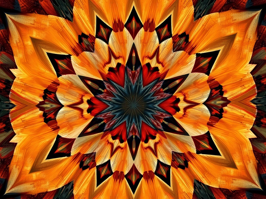 Generate a digital abstract artwork featuring a geometric pattern with warm earthy tones and cool shades, high-resolution, ISO 100, f/8, 1/125s exposure, taken from a top-down view using a DSLR camera with a macro lens.