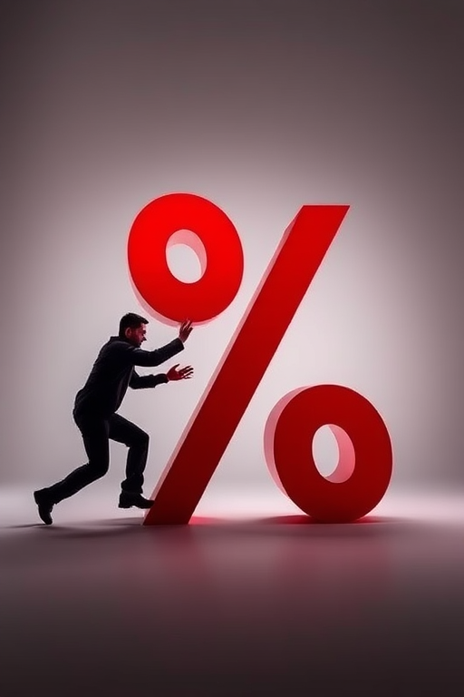 Create an image of a bold red percentage symbol with a silhouette of a person pushing it, use a shallow depth of field, 50mm lens, f/1.8 aperture, ISO 100, and soft diffused lighting to enhance the overall quality and contrast.