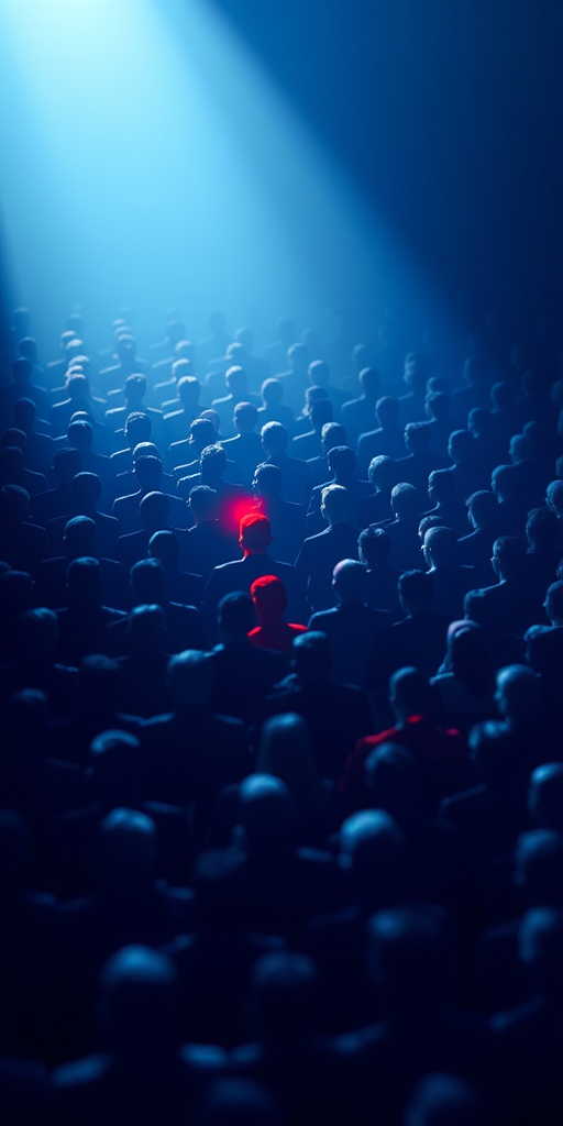 Create an image of a crowd of blue silhouettes arranged in rows with one red silhouette in the center, use a Canon EOS R5 with a 50mm f/1.8 lens, aperture set to f/4, ISO 200, and a shallow depth of field, shot from a high-angle view with a flat design style to enhance image quality.