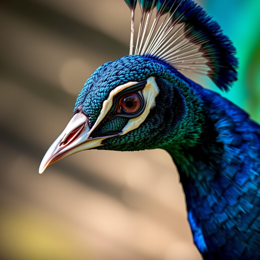 Regenerate the image of a peacock with a close-up shot, aperture f/2.8, shutter speed 1/200s, ISO 100, 50mm lens, natural light, shallow depth of field, focus on the head and feathers for sharp detail.