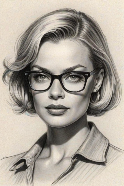 Attractive Jaime Pressly, pencil sketch, portrait of Elegant woman 1930s in glasses, hair style beatnik, outline, clear lines, fine lines, 8k