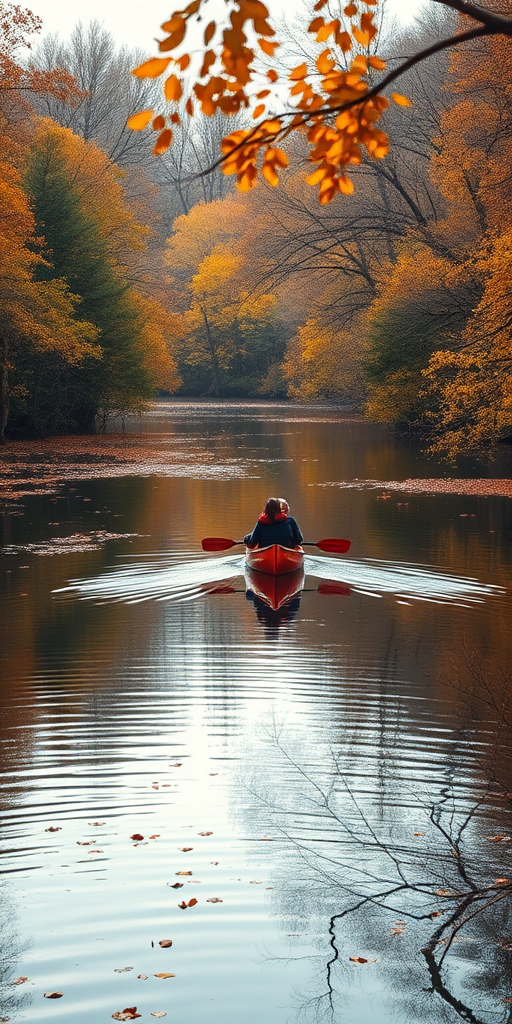 Tranquil river scene during autumn, with leaves changing colors and drifting on the water, a couple canoeing peacefully, surrounded by the natural beauty of the season.