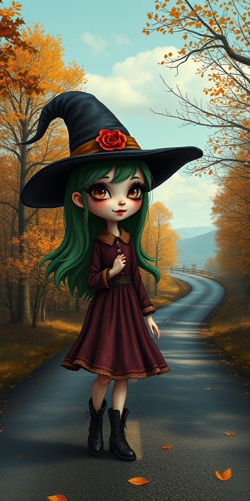 digital art fantasy depicting a strange girl with green hair, long eyelashes, brown lipstick and a tall hat walking along a winding road on an autumn afternoon, an Vaquita smiles as she passes