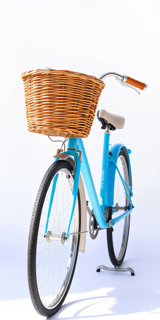 A vintage blue bicycle with a wicker basket standing against a white background, taken with a Canon EOS R5, 50mm lens, f/2.8 aperture, ISO 100, natural sunlight for enhanced colors and details.