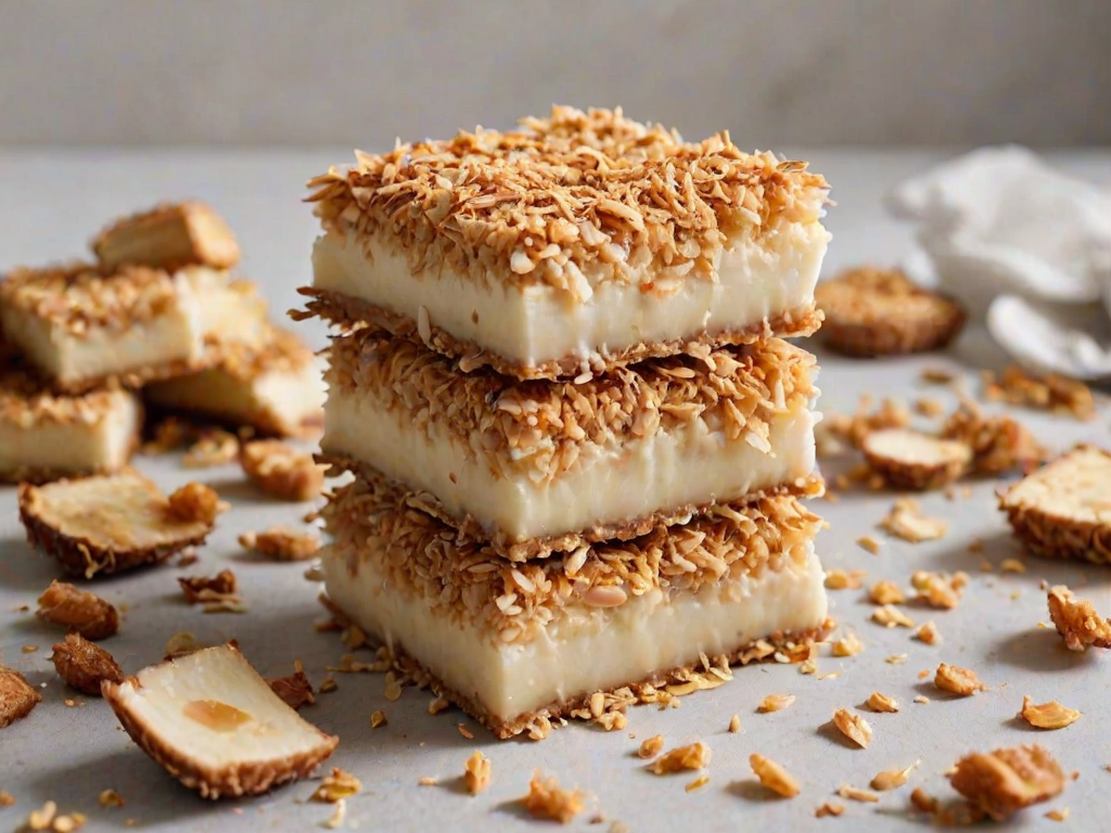Generate an image of a stack of square-shaped desserts coated with golden toasted coconut flakes, some pieces cut open to reveal a creamy filling. The scene should have a clean, minimalist background to highlight the desserts, with a soft light that emphasizes their texture and color.