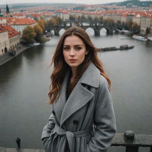 cinematic photo from above, waist up shot, sharp focus, a beautiful woman in foreground, in Prague, at the Charles Bridge, river in background, overcast rainy day, wearing long grey wool coat, warm rich color palette