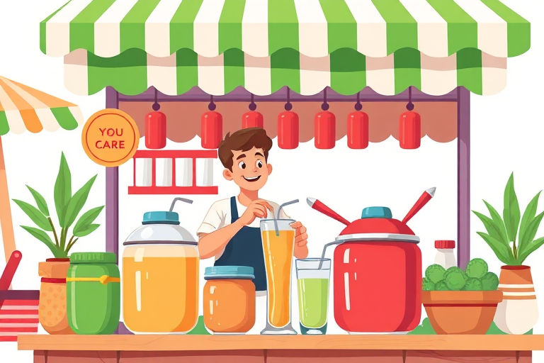 Create an illustration of a vibrant market stall with a smiling vendor preparing a drink, featuring large colorful containers and a green and white striped awning, using a bright color palette and clear lines, with a focus on simplicity and charm, high resolution, shot with a 35mm lens, f/8 aperture, natural lighting.