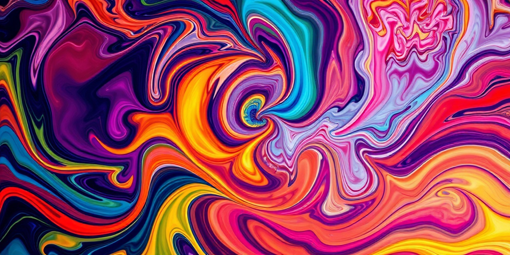 Generate a vibrant abstract artwork featuring swirling colors and shapes, captured with a DSLR camera at f/8 aperture, ISO 200, 50mm lens, in a top-down view with high saturation and clarity.