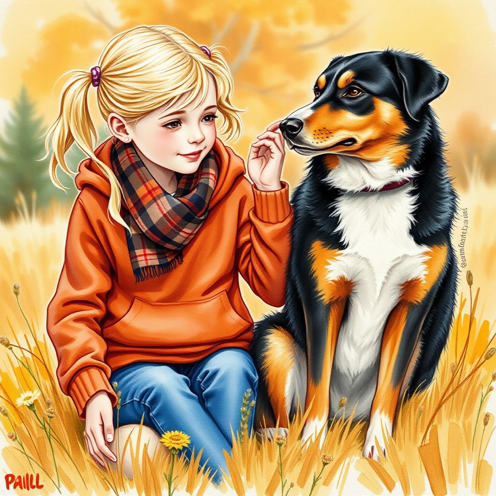 A detailed watercolor and acrylic illustration showing a heartwarming scene between a young blonde girl in pigtails and a Bearnaise Mountain dog. The girl, dressed in a rust hoodie, jeans, and a plaid scarf, gently rests her hand on the dog’s head. The dog, with black, copper, and white fur, sits beside her, tilting its head in affection. They sit on golden grass with wildflowers, against a sunny fall background. The artwork focuses on realistic textures and the tender bond between them.