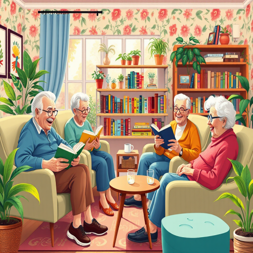 Create a vibrant digital illustration of a lively scene in a cozy living room with four elderly people interacting; two are sitting in armchairs with books, two are chatting with joyous expressions; include a bookshelf with colorful books, plants, and floral wallpaper; use a Canon EOS R5 camera with a 24-70mm f/2.8 lens, aperture at f/4, ISO 100, and natural lighting for enhanced clarity and vibrancy.