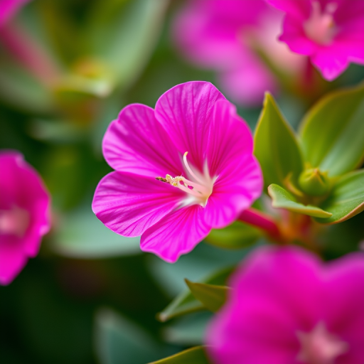 close-up of a vibrant pink flower surrounded by green leaves, shallow depth of field, natural light, ISO 100, aperture f/2.8, shutter speed 1/200s, macro lens, DSLR camera with a soft focus background