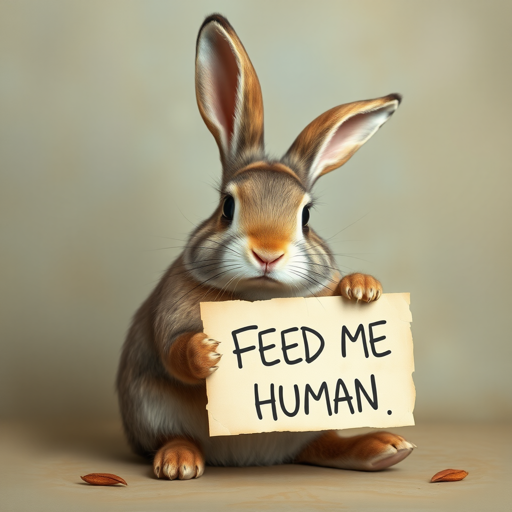 rabbit holding a note which says "FEED ME HUMAN"