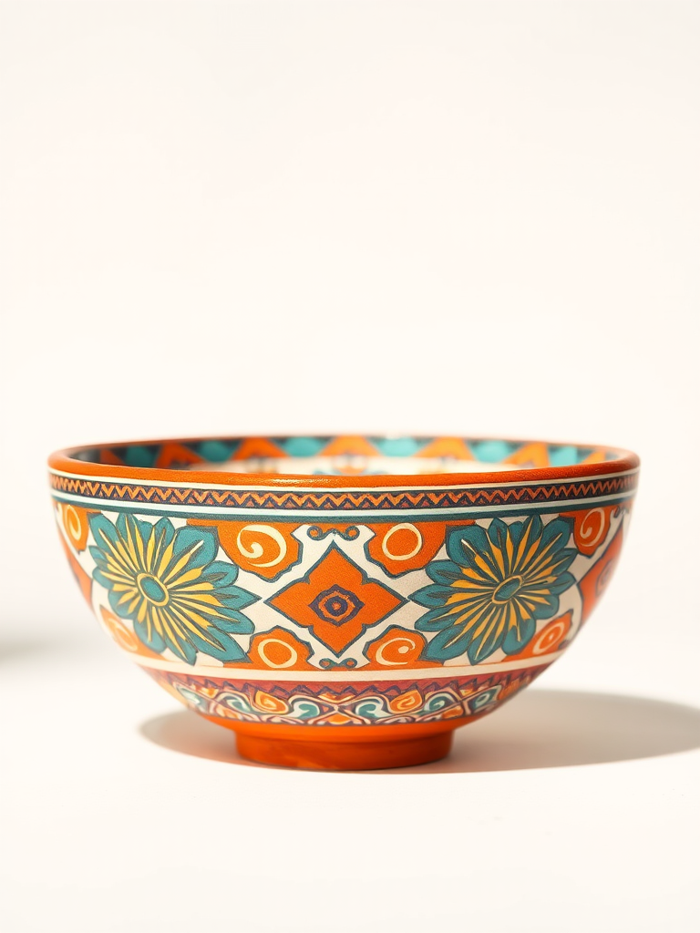 Create a high-resolution illustration of a decorative pottery bowl with intricate geometric patterns in vibrant colors, captured in daylight using a DSLR camera with a 50mm lens, f/3.5 aperture, ISO 100, and 1/100 shutter speed, side view for emphasis on design details.