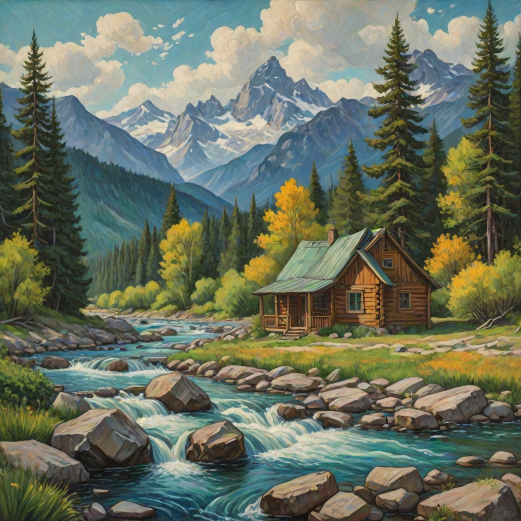 This Van Gogh-inspired painting depicts a peaceful scene of a small cabin located near a flowing river. The scene is surrounded by lush vegetation, including tall trees and rocky terrain. In the background, majestic mountains rise under a sky filled with rolling clouds. The river gently cascades over the rocks, adding a sense of movement and tranquility to the scene. The use of vibrant colors and detailed brushstrokes create a sense of depth and harmony in the natural setting.