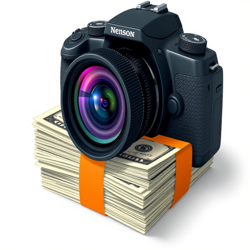 Create a high-resolution illustration of a stack of money wrapped with an orange band, using a DSLR camera with a 50mm lens, aperture f/1.8, ISO 100, and a shallow depth of field for enhanced detail and clarity.