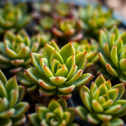 macro shot of succulent plants with rich green leaves, shallow depth of field, f/2.8 aperture, 50mm lens, natural daylight, DSLR camera