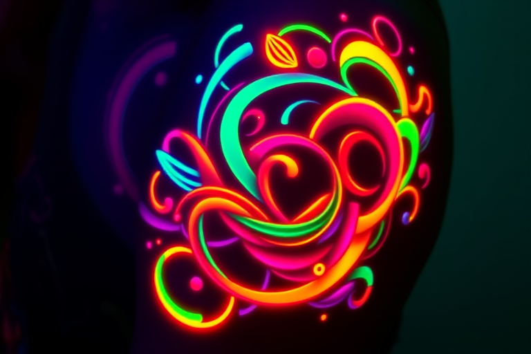 Neon glow tattoo named "Electric Dreams" featuring bright, fluorescent colors that seem to pulse and shimmer under UV light, with abstract shapes and swirling patterns reminiscent of cyberpunk aesthetics and retro-futuristic designs