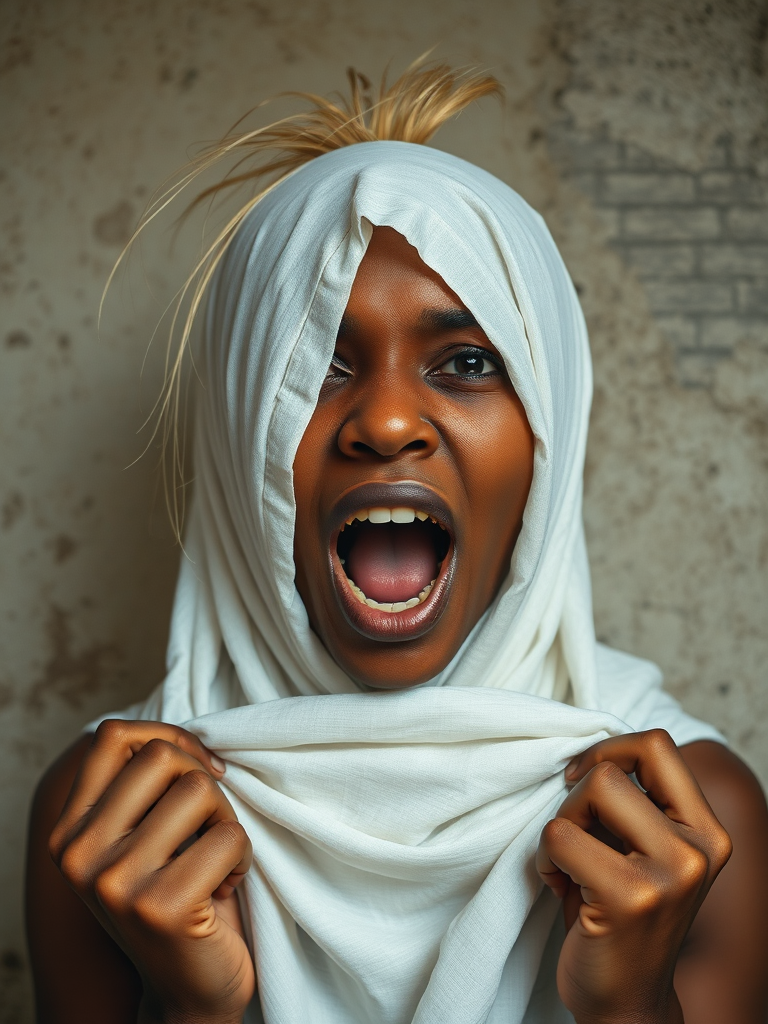 Create a close-up photographic image of a Oromo woman with light skin tones shown against an old, worn wall. Their head is wrapped in a white cloth covering (i.e.... parts of the head except the nose and mouth, which are open as if they are screaming...), with a slight texture and visible folds in the fabric. Thin strands of blonde hair escape from the wrapping above, falling lightly at the top and sides. Their hands hold the fabric as if they are tugging nervously. The lighting is dramatic and even, casting strong shadows. The image has a minimalist and surreal style with an emphasis on simplicity with soft color tones. The composition is centered.
