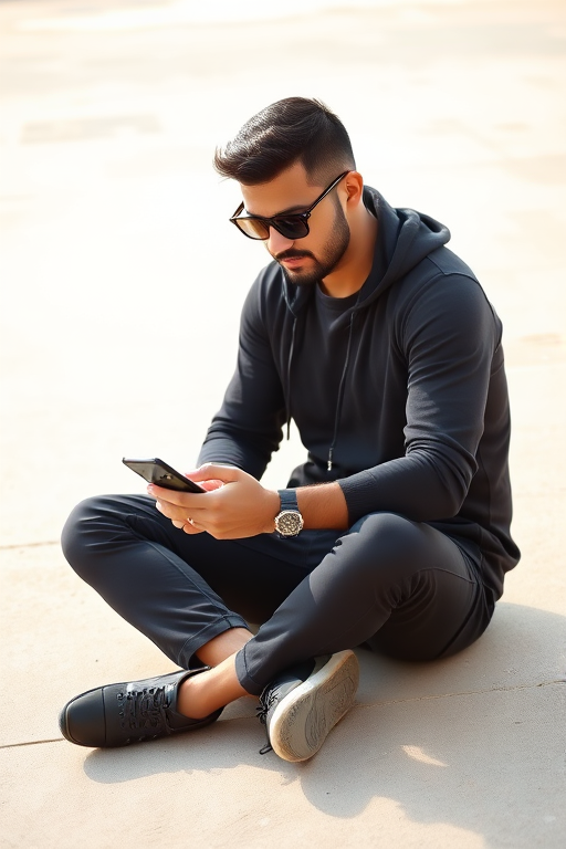 Capture a well-lit portrait of a man sitting cross-legged on a concrete surface, absorbed in his phone, wearing sunglasses and casual black attire, using a DSLR camera with a 50mm lens, aperture set to f/1.8, ISO 100, and natural light for enhanced clarity and depth.