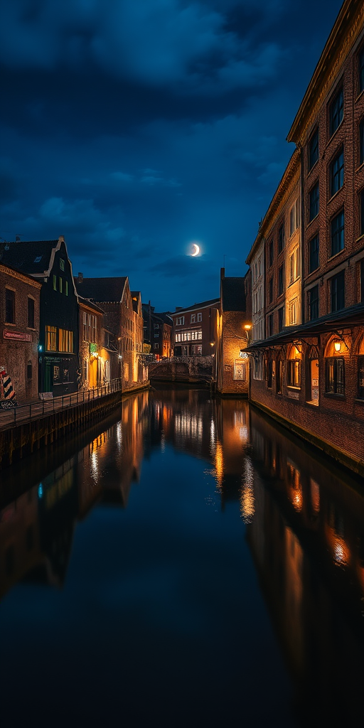 night view of a historic warehouse district by a canal with reflections in the water, f/8 aperture, 60-second shutter speed, ISO 100, wide-angle lens, DSLR camera, twilight lighting, high dynamic range imaging