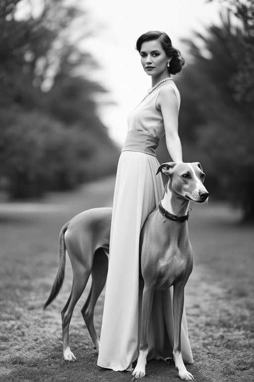 Generate a high-resolution image of a vintage elegant woman standing gracefully next to a greyhound, in soft focus black and white style, with a depth of field of f/2.8, ISO 100, 35mm lens, shot from a slightly low angle to accentuate her stature and detail.