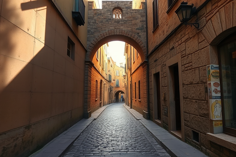 narrow cobblestone street with ancient stone archway, soft morning light, high dynamic range, aperture f/8, shutter speed 1/60s, ISO 100, wide-angle lens, DSLR camera, vibrant colors and detailed textures