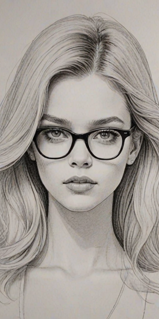 Exquisite Nicola Peltz, pencil sketch, portrait of Exquisite woman 1974s in glasses, hair style beatnik, outline, clear lines, fine lines, 8k