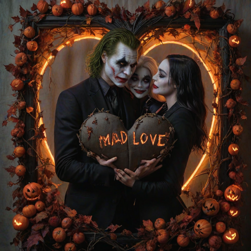The Joker, neat, wearing a black suit and a beautiful Harley Quinn with long hair, both romantic, hugging and cuddling in the middle of a neon linen black heart frame decorated with dead leaves, bats, and small pumpkins, with a label at the bottom that reads 'Mad Love' made of linen, in a photo realistic style.