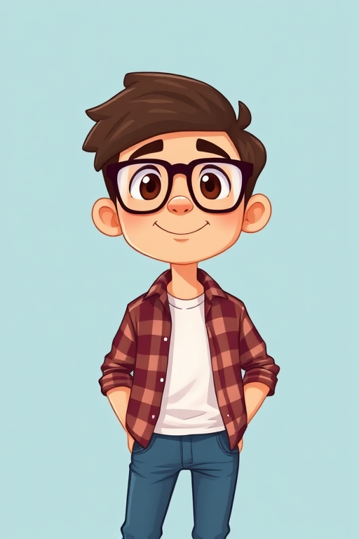 Create an illustration of a stylized cartoon character resembling a young man with glasses, wearing a plaid shirt over a t-shirt and jeans, set against a solid light blue background; use a Canon EOS R, 50mm f/1.8 lens, natural lighting, and a vibrant color palette to enhance the image quality.