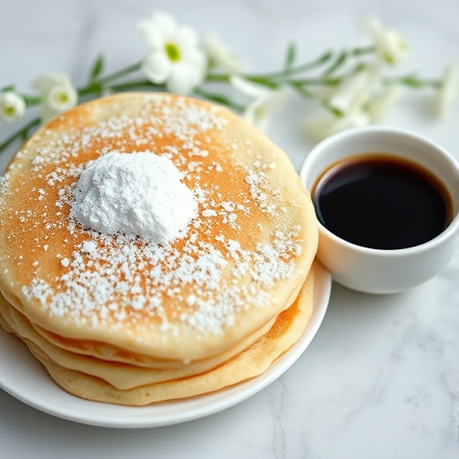 A close-up shot of fluffy pancakes dusted with powdered sugar on a white plate next to a cup of black coffee, complemented with delicate white flowers in the background, captured with a Canon EOS R5 at f/2.8, ISO 200, 1/125 sec, natural soft lighting.