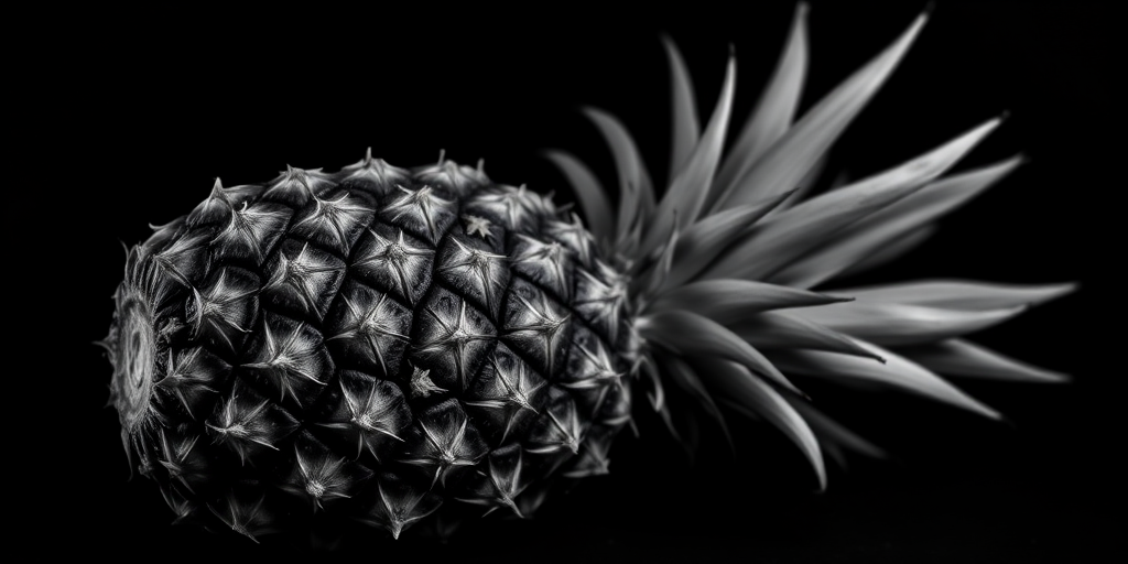 black and white photograph of a pineapple on a dark background, shot with a DSLR camera at f/2.8, ISO 100, shutter speed 1/125s, close-up view, studio lighting for enhanced contrast