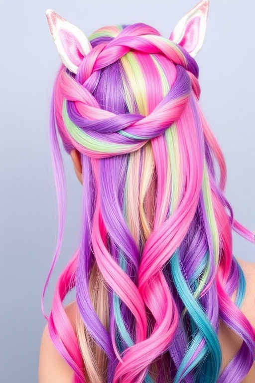 Multicolored unicorn hair featuring vibrant streaks of pink, purple, and teal, styled in a braided crown, the Rainbow Dream style showcases whimsical creativity