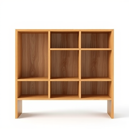 Create a 3D render of a wooden bookshelf with five open shelves and a smooth finish, photographed from a slightly elevated angle, using a DSLR camera with a 50mm lens at f/2.8, ISO 100, with natural lighting to enhance detail and texture.