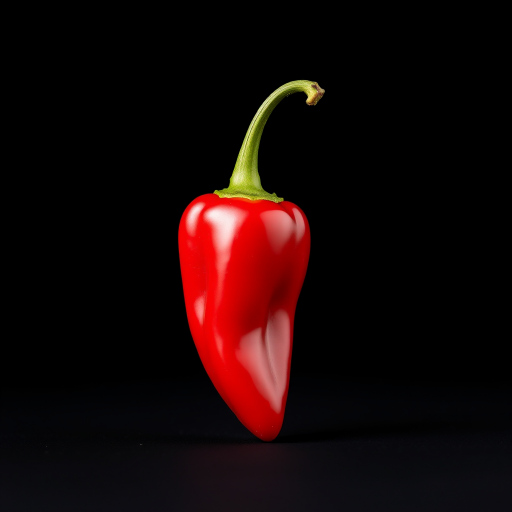 photograph a vibrant red chili pepper on a black background, use a Canon EOS R5 camera with a 50mm f/1.2 lens, aperture set to f/2.8, ISO 100, shutter speed 1/200 sec, natural light for enhanced detail and color depth
