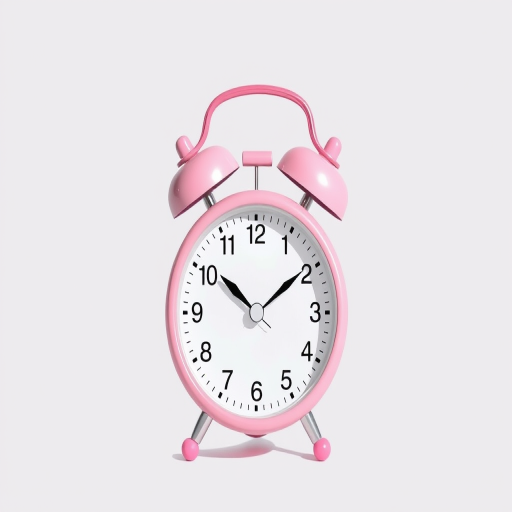 Create an illustration of a pink alarm clock with a white face, featuring two bells at the top, positioned at 3 o'clock, with a clean, minimalistic background, using a DSLR camera with a 50mm lens, aperture f/1.8, ISO 100, and natural lighting for enhanced clarity and detail.