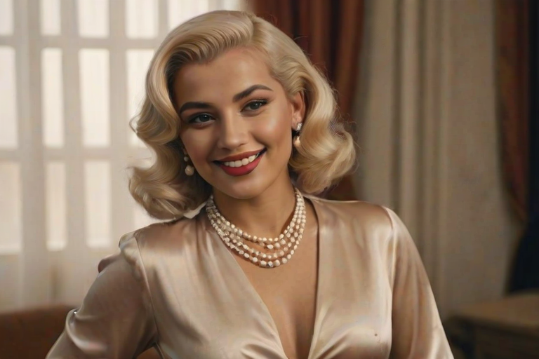 A beautiful Romani woman reminiscent of 1950s Hollywood glamour, with perfectly styled blonde hair and a seductive smile, dressed in a satin blouse and adorned with pearls, soft and warm tones, photorealistic, 8K