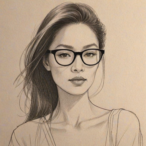 Wonderful Vera Wang, pencil sketch, portrait of Enticing woman 1978s in glasses, hair style beatnik, outline, clear lines, fine lines, 8k