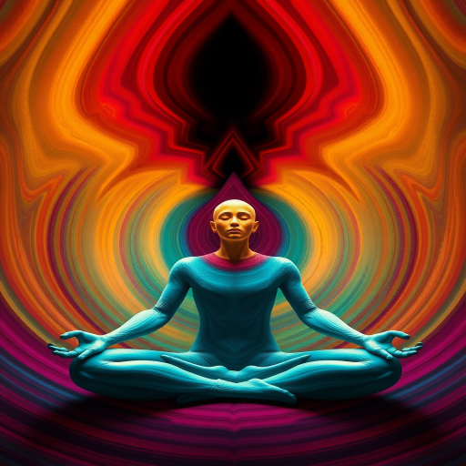 Create an abstract image of a meditating figure with concentric swirling lines in vibrant colors, captured with a DSLR camera, aperture f/2.8, ISO 100, shutter speed 1/125 sec, using a wide-angle lens, and shot from a slightly elevated perspective to enhance depth and detail.