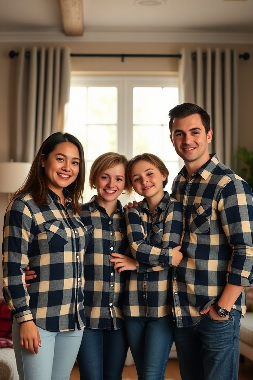 Family portrait of four people in matching plaid shirts, posing together in a cozy indoor setting, with soft diffused lighting, taken with a 50mm lens, f/2.8 aperture, ISO 200, and natural light.
