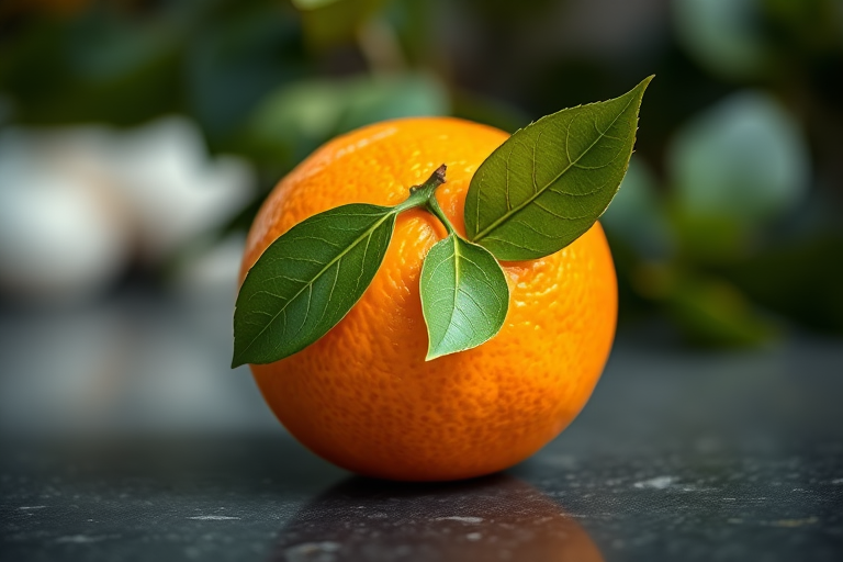 Generate a high-resolution image of a fresh orange with two green leaves, captured with a Canon EOS R5 camera at f/2.8 aperture, ISO 100, 50mm lens, natural lighting, soft focus background.