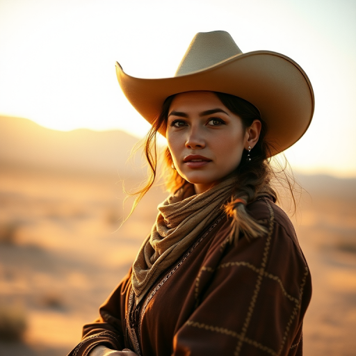 Dramatic photo of a beautiful Uyghur woman, classic cowboy attire, confident and free spirit expression, half-length portrait, centered, golden hour desert landscape, warm, diffused light, low angle, medium format film camera, in style of Annie Leibovitz.